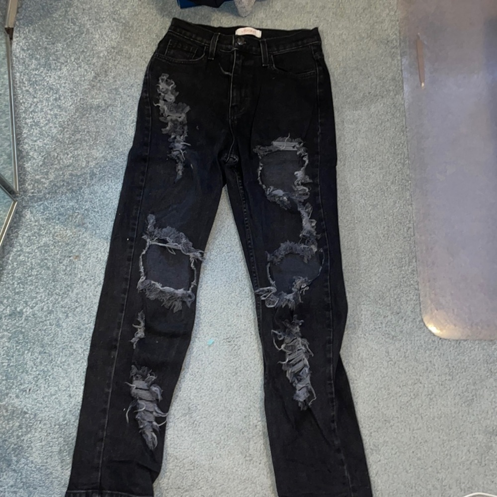 High rise black boyfriend ripped jeans